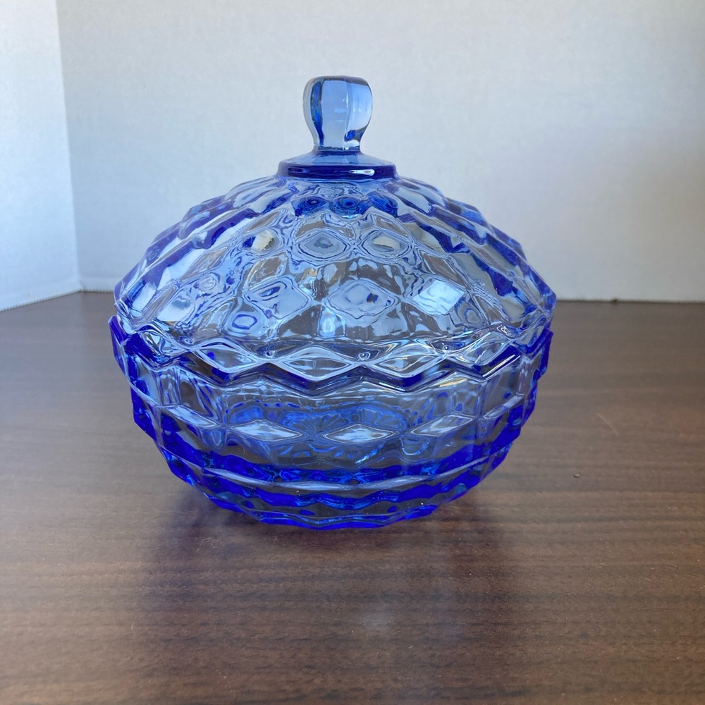 Stunning Vintage Indiana Glass Co. White Hall Blue Cubist Candy Dish with Lid